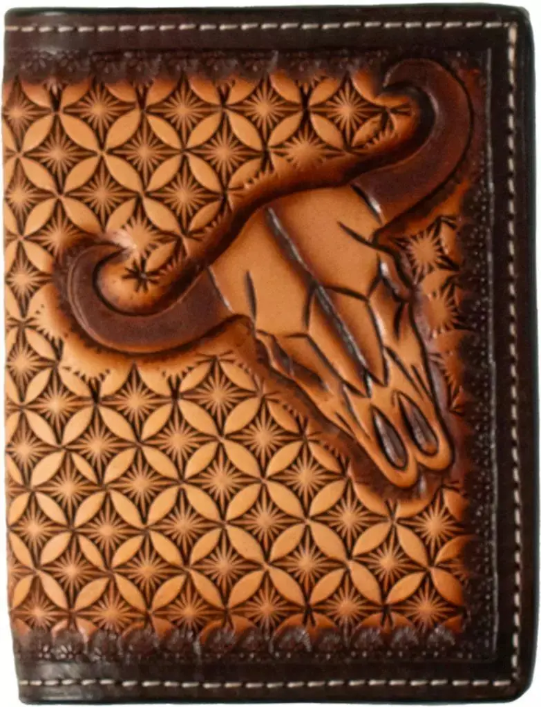 3D Western Trifold Tooled Cow Skull Wallet 1