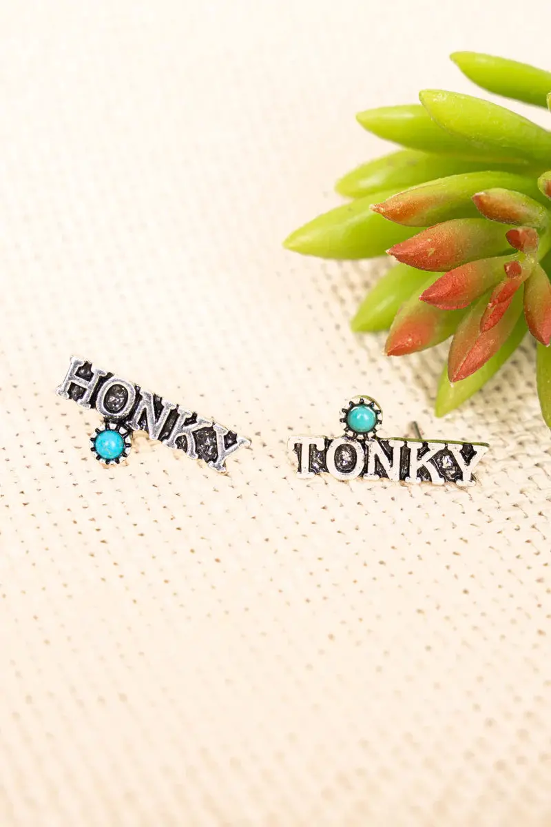Turquoise Silvertone "Honky Tonky" Earrings 1