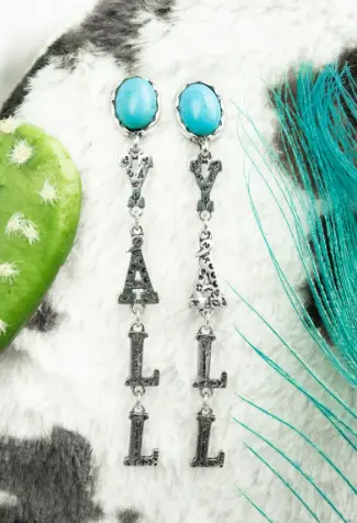 Turquoise And Silvertone 'Yall' Drop Earrings 1