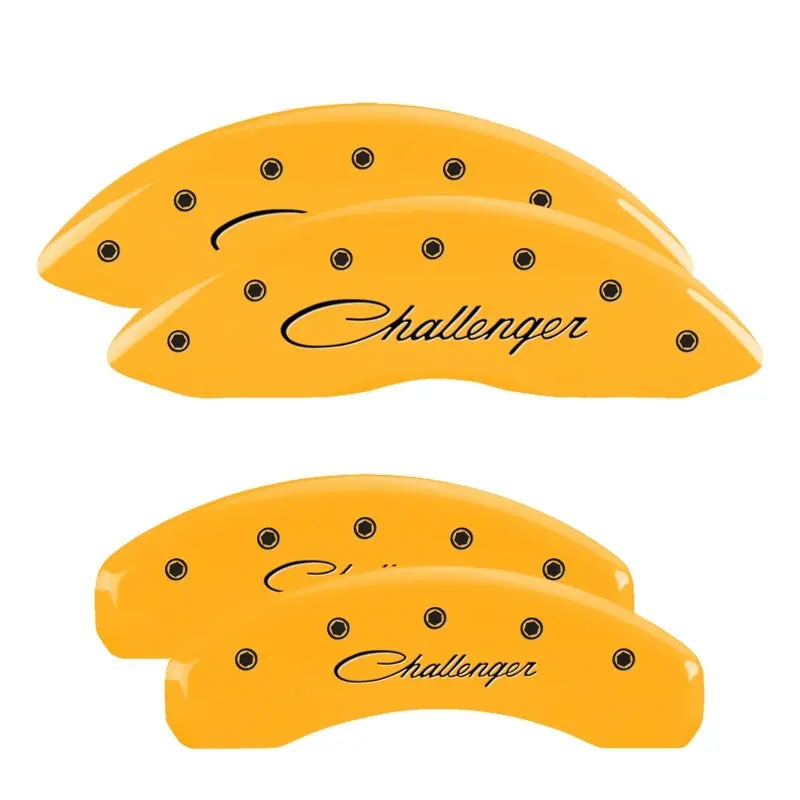 Mgp Engraved 4-Piece Caliper Cover Set – Front & Rear, Cursive Design With Challenger Yellow & Black Finish 1